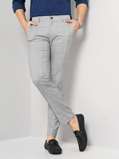 Celio* Men Grey Checked Slim Fit Polyester-Blend Trousers