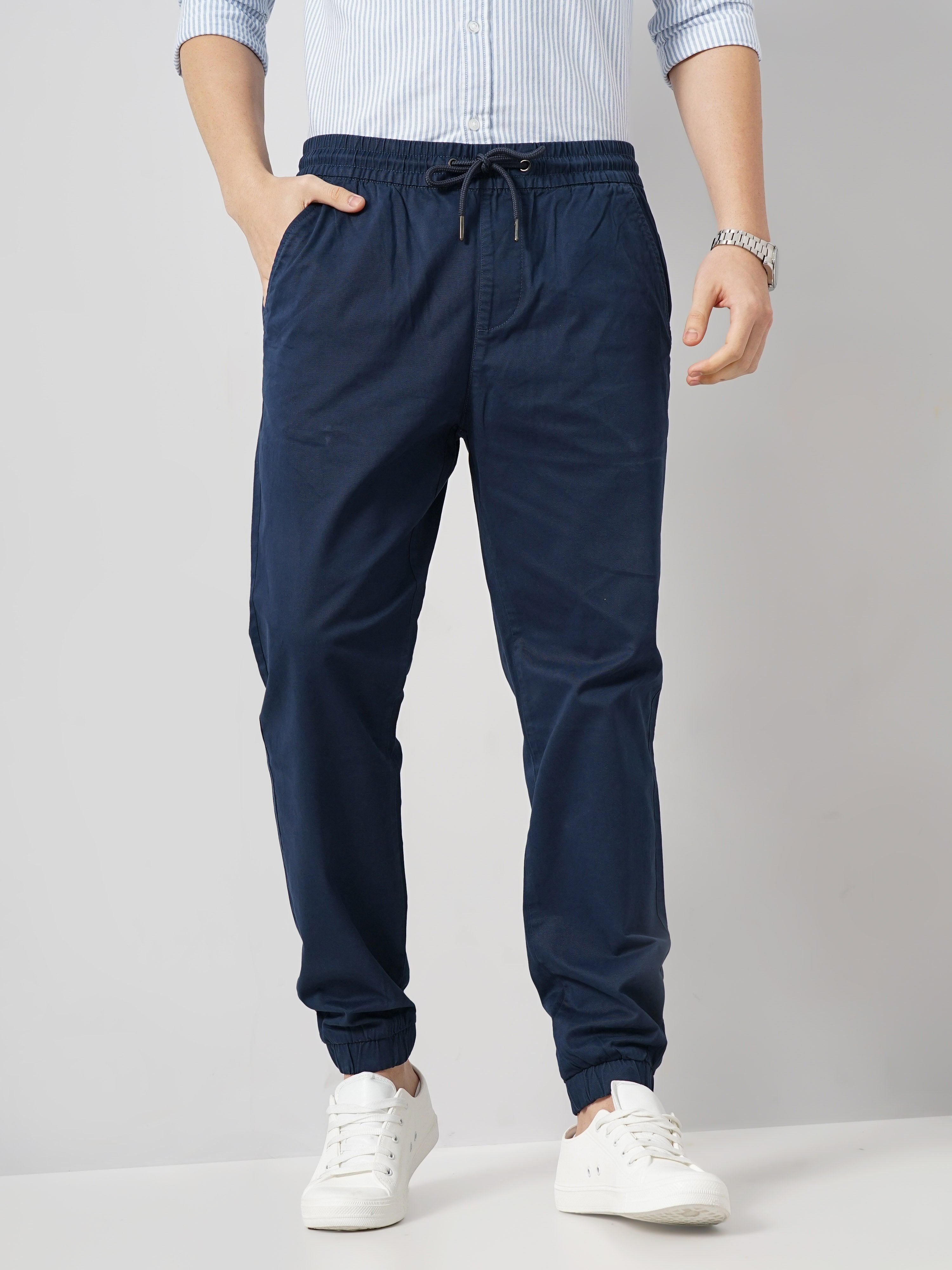 Celio Men Blue Solid Jogger Fit Cotton Trousers