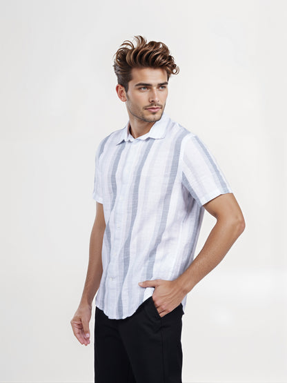 Celio* Men Grey Striped Regular Fit Cotton Shirt