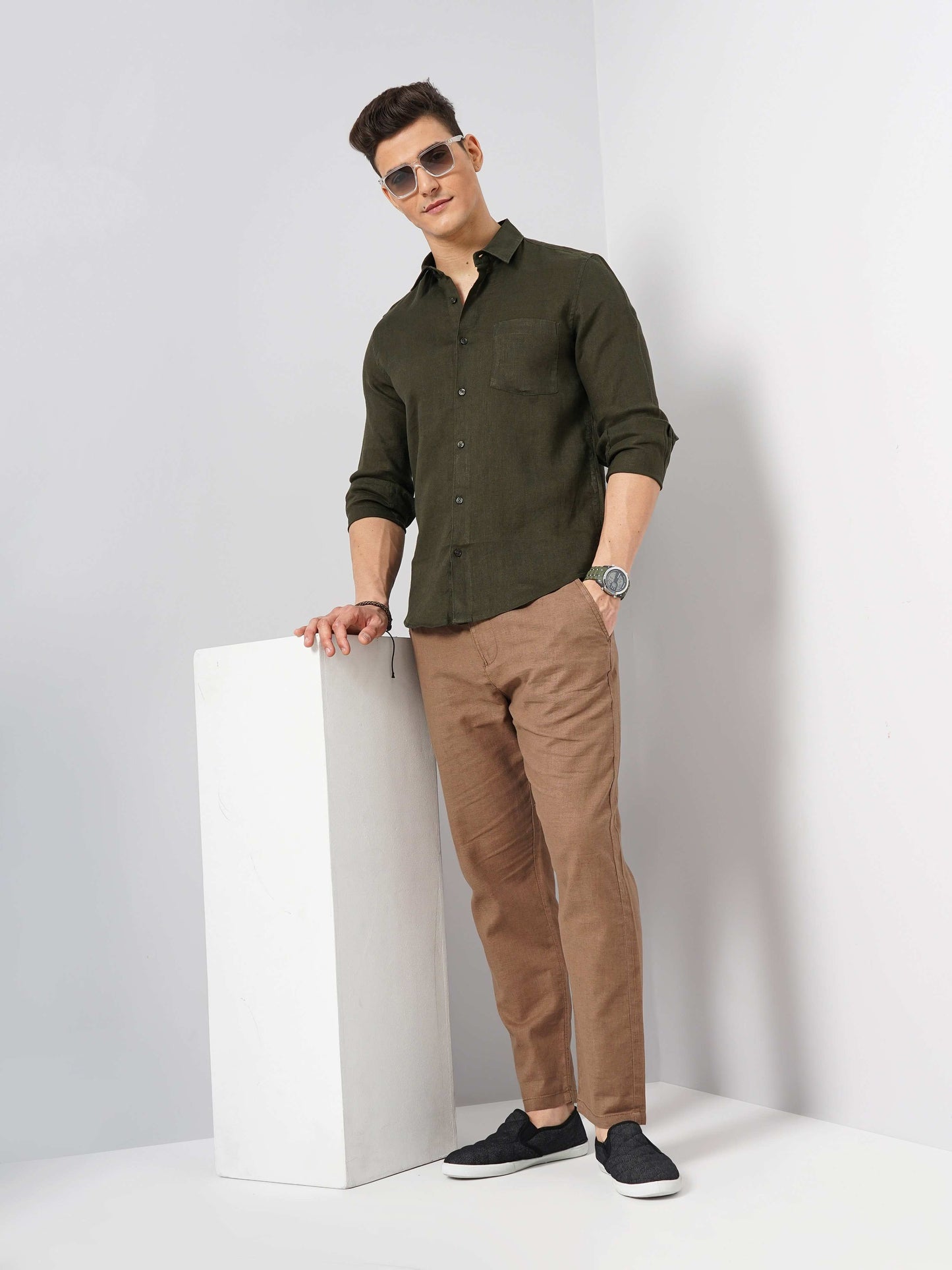 Celio* Men Green Linen Solid Regular Fit Shirt