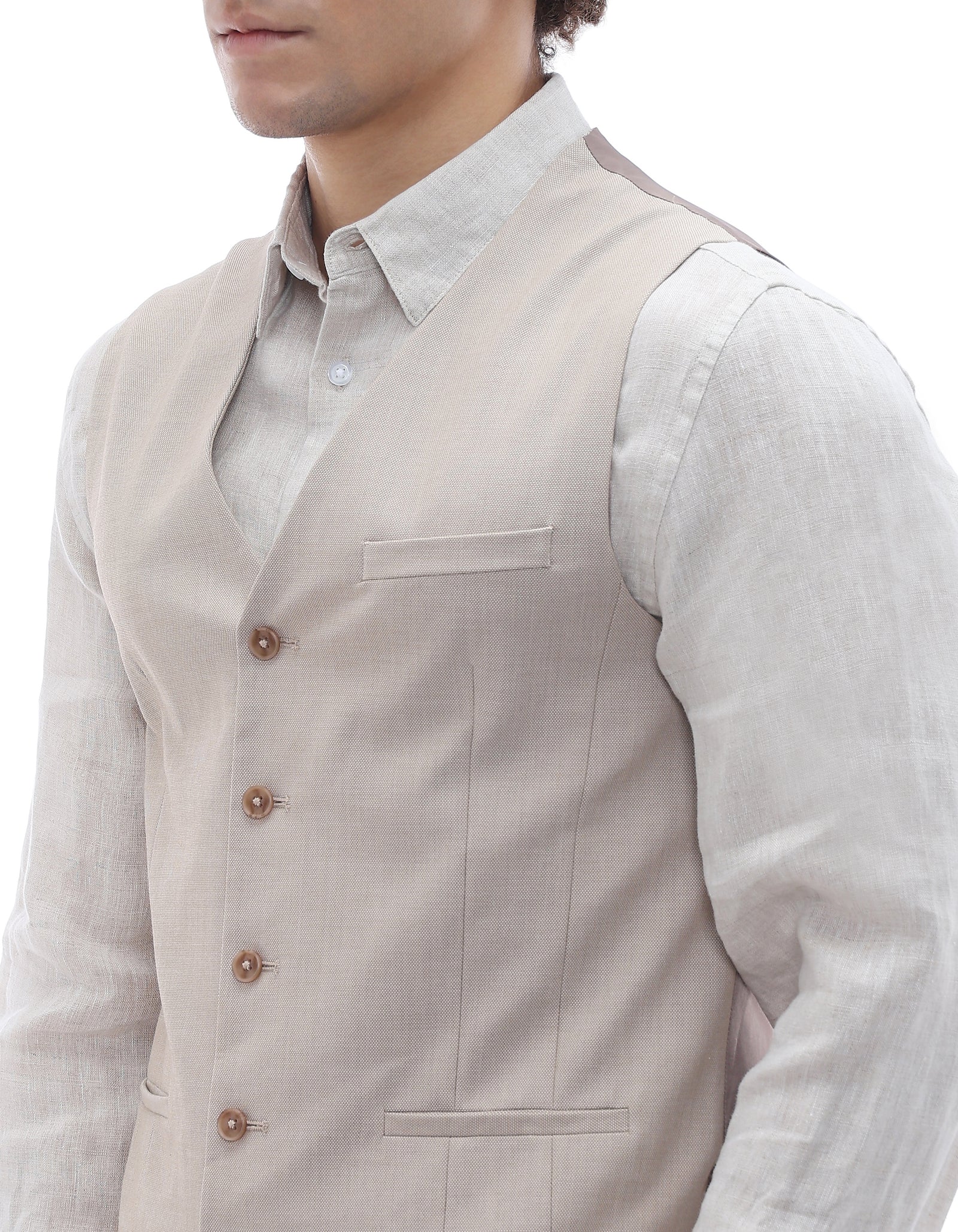 Slim Fit Poly-Viscose V-Neck Waistcoat - Beige