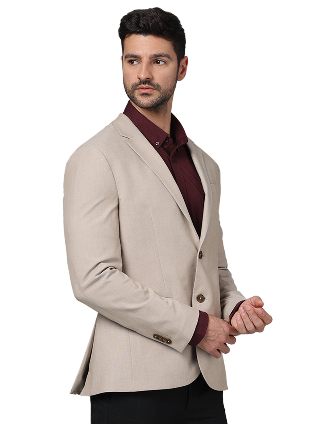 Beige Solid Polyester Blazer