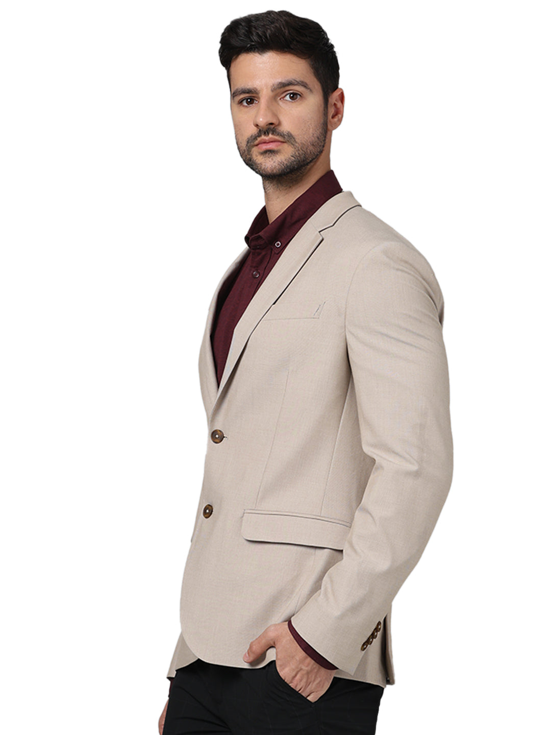 Beige Solid Polyester Blazer