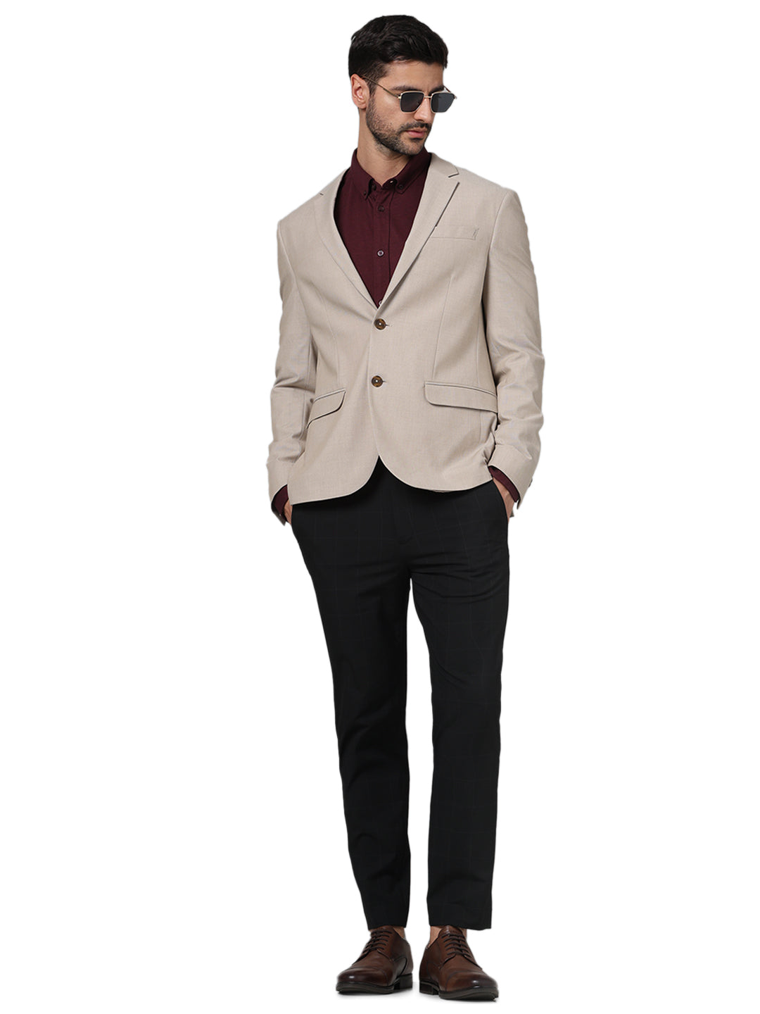 Beige Solid Polyester Blazer