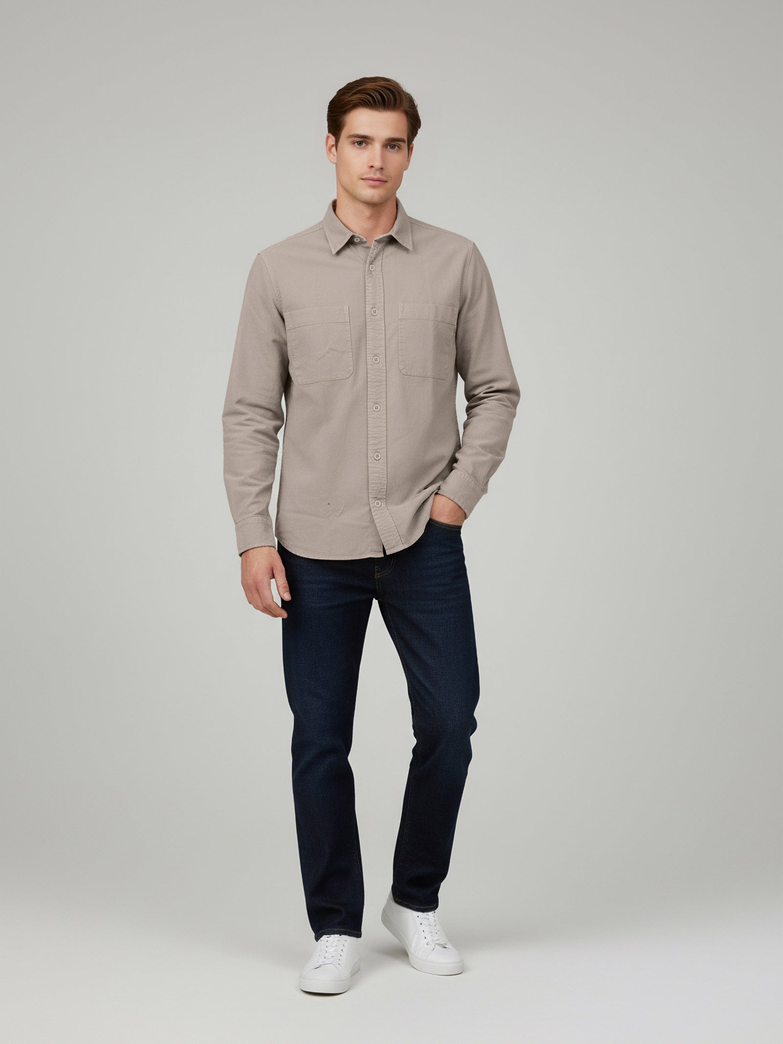 Celio* Beige Cotton Overshirt Men Solid Shirts