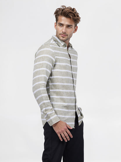 Celio* Men Green Striped Slim Fit Cotton Shirt