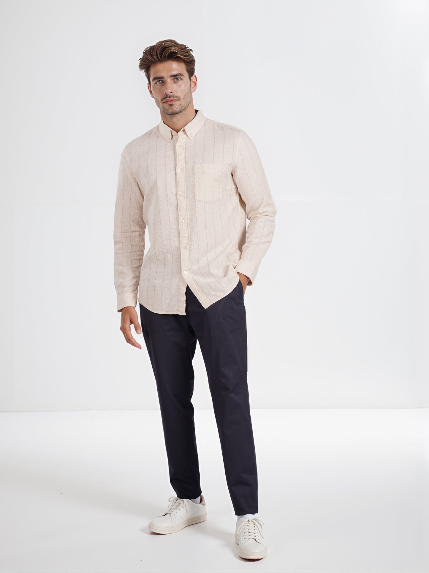 Celio* Striped Cotton Beige Regular Fit Men Shirt
