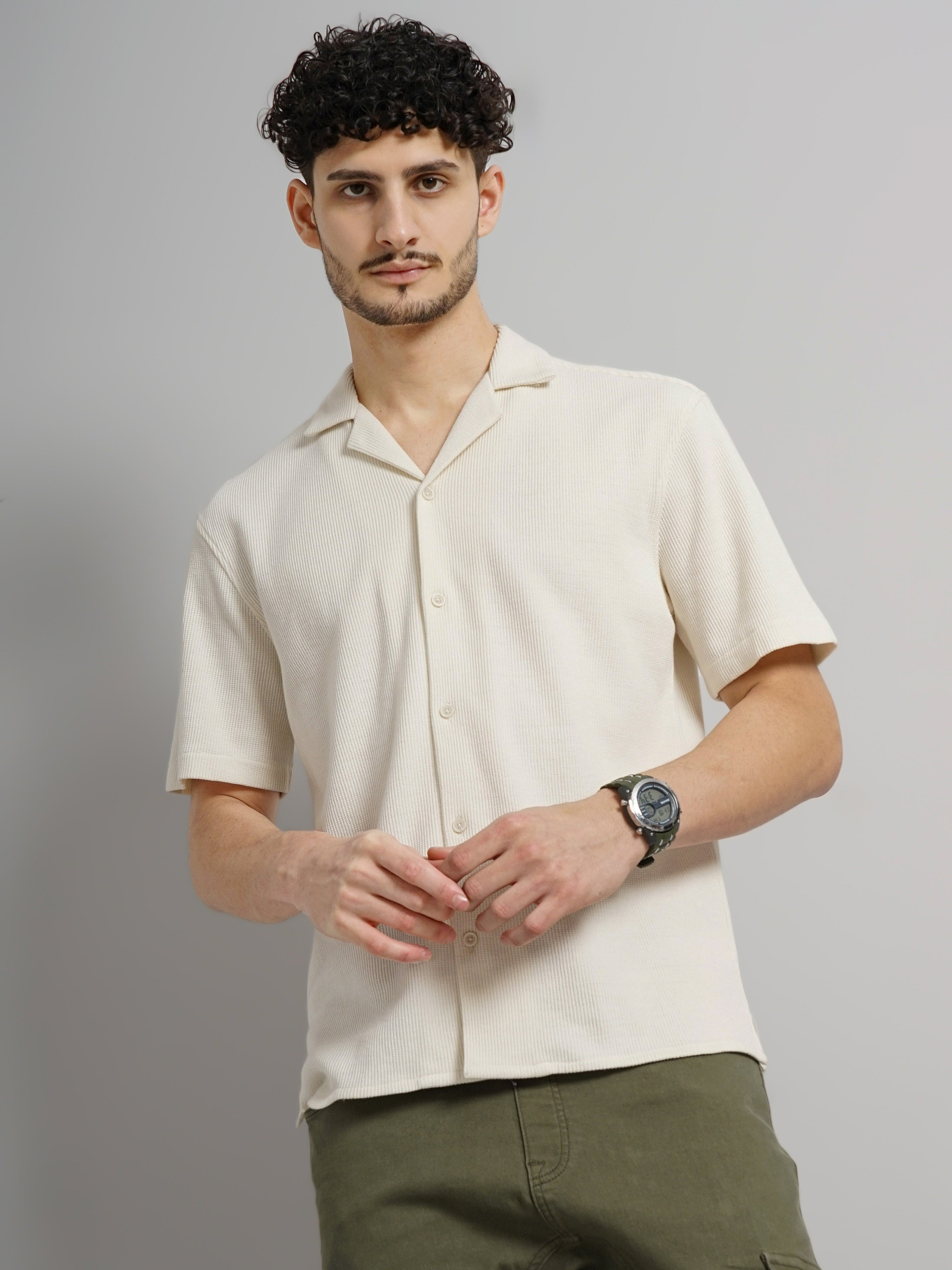 Beige Solid Cotton Shirt