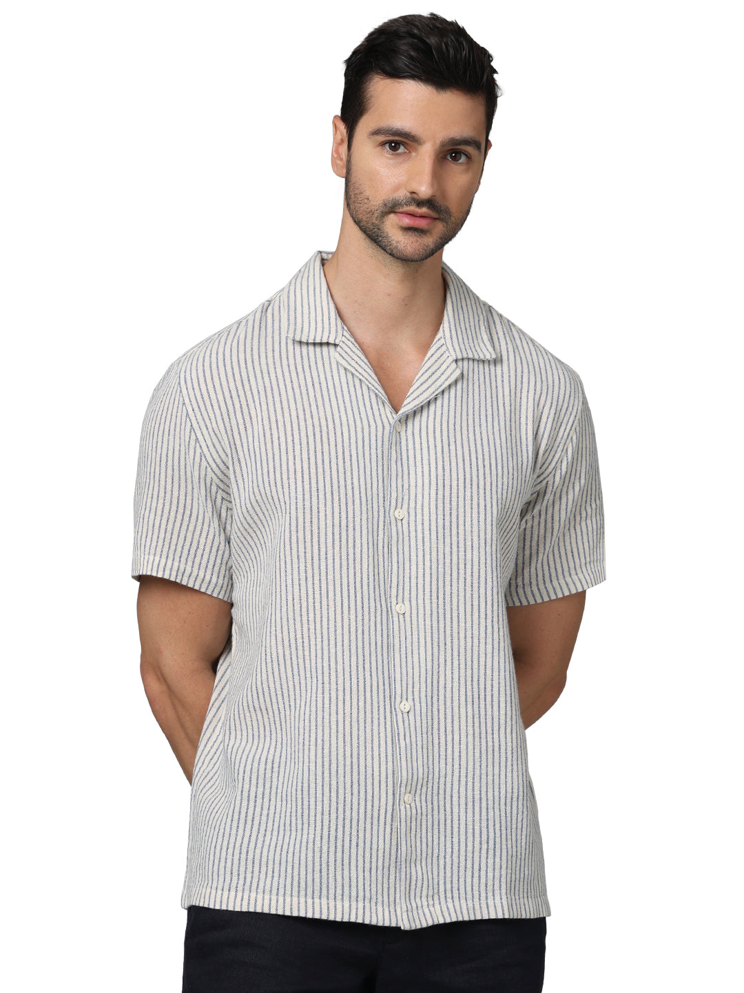 Off White Striped Cotton-Linen-Blend Shirt