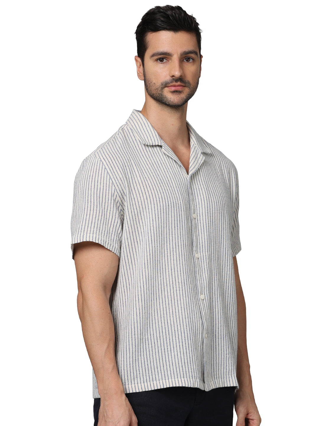 Off White Striped Cotton-Linen-Blend Shirt