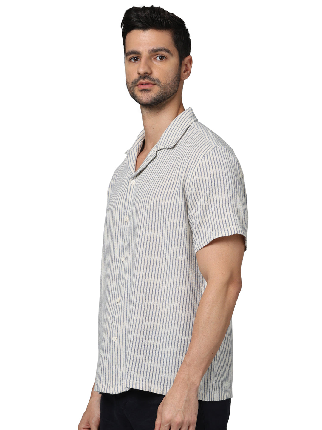 Off White Striped Cotton-Linen-Blend Shirt