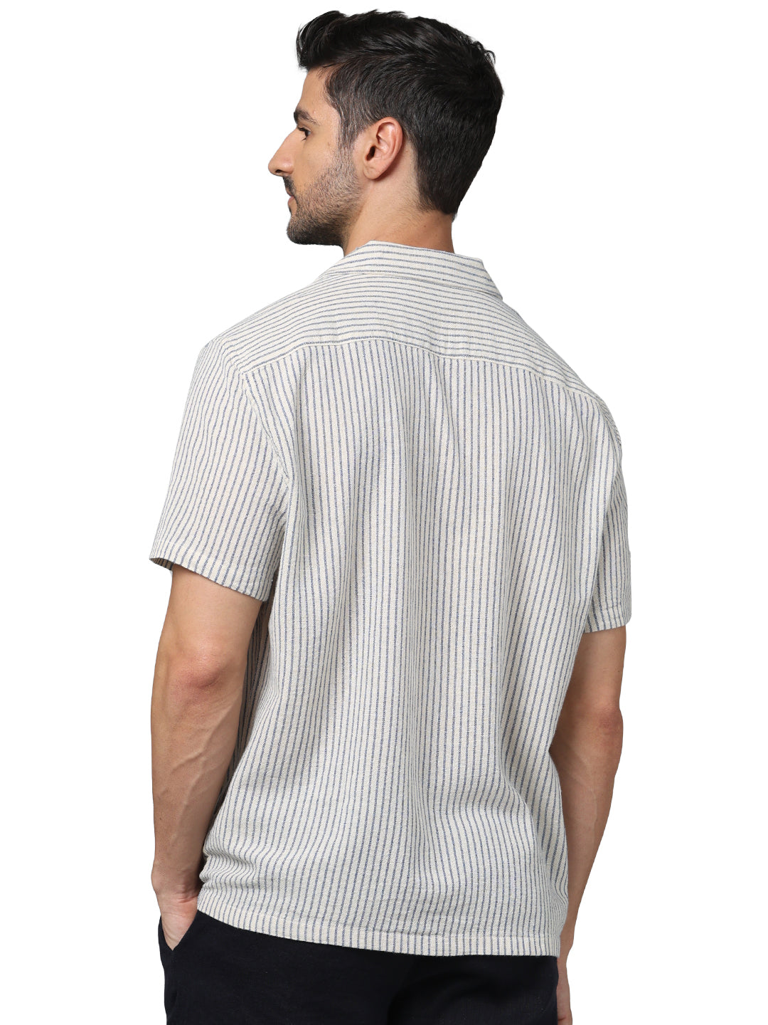 Off White Striped Cotton-Linen-Blend Shirt