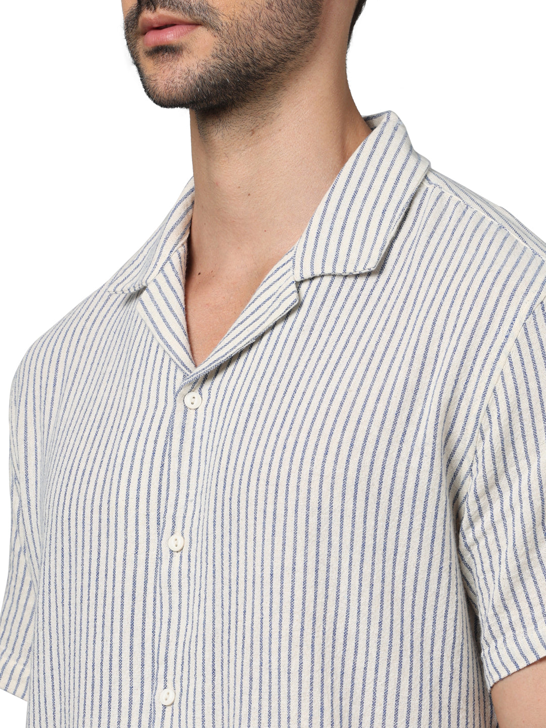 Off White Striped Cotton-Linen-Blend Shirt