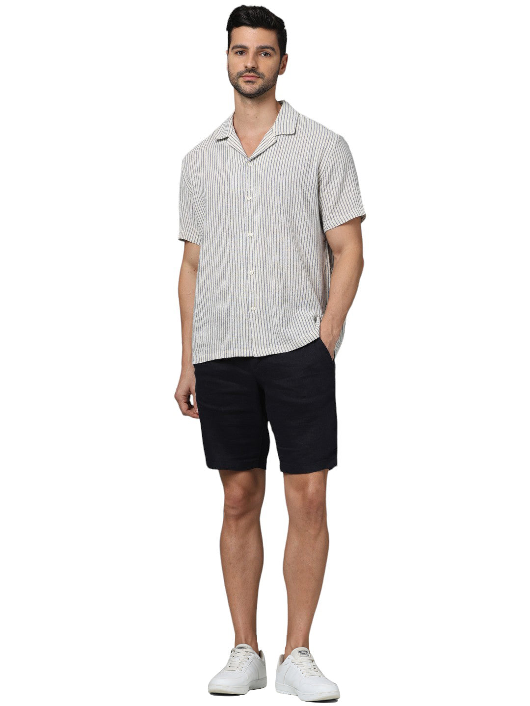 Off White Striped Cotton-Linen-Blend Shirt