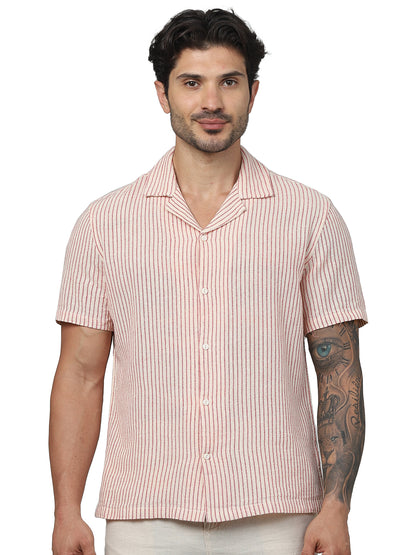 Red Striped Cotton-Linen-Blend Shirt