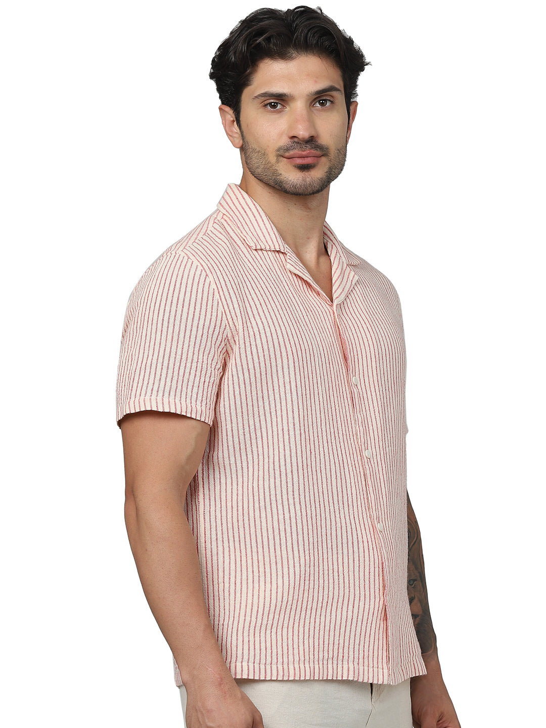 Red Striped Cotton-Linen-Blend Shirt