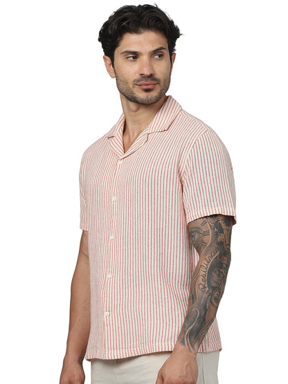 Red Striped Cotton-Linen-Blend Shirt