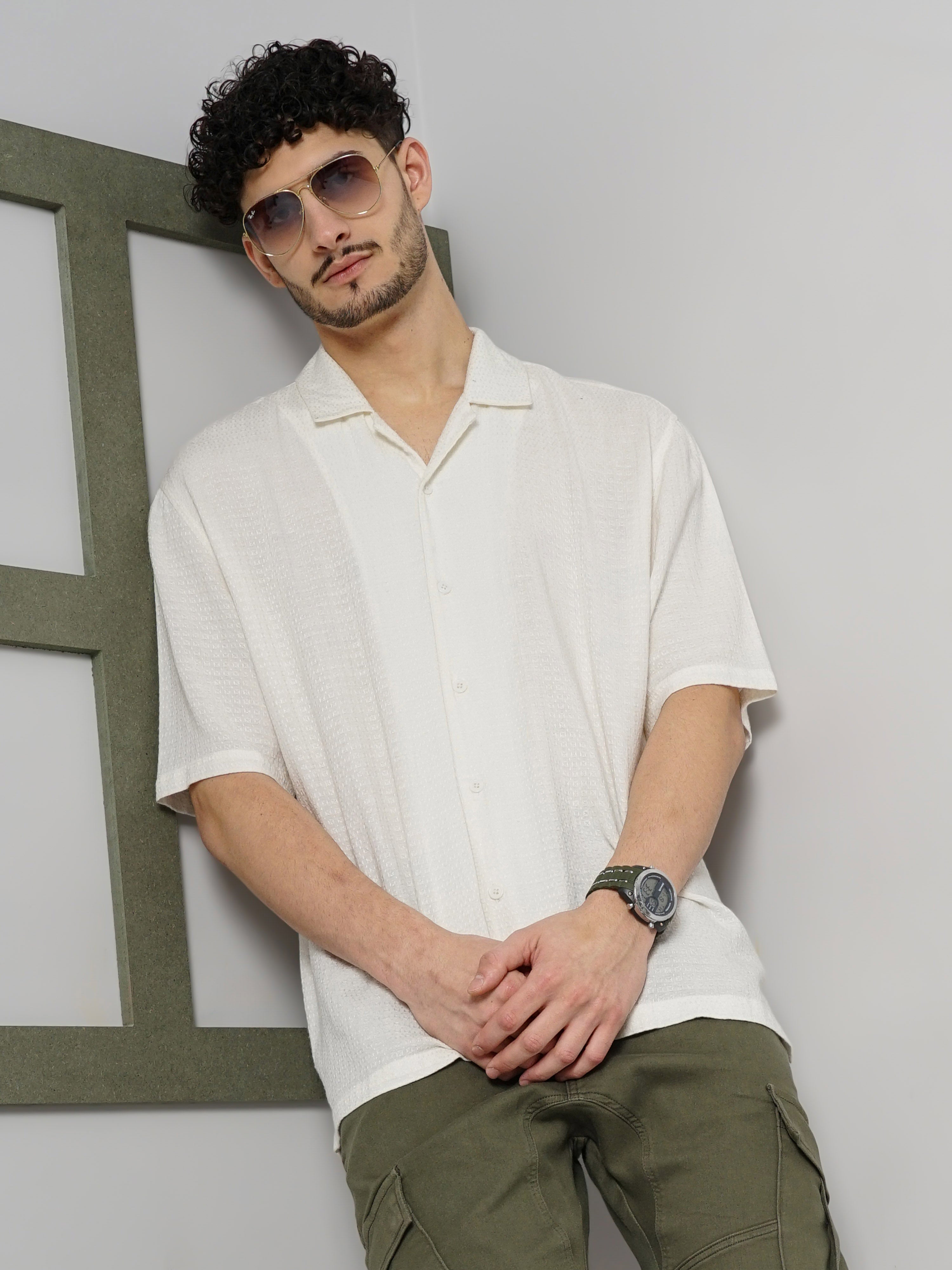 Off White Solid Viscose Shirt