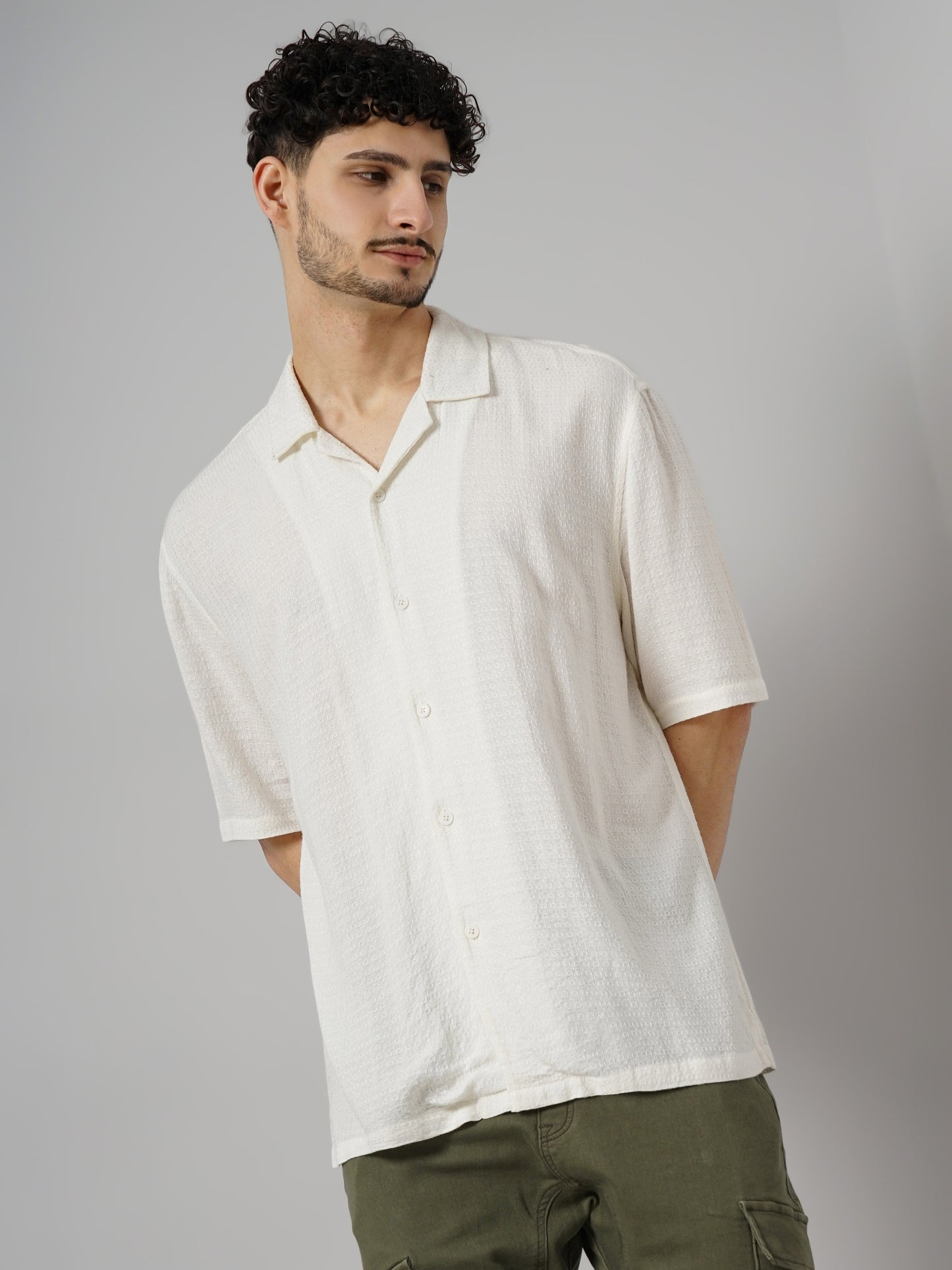 Off White Solid Viscose Shirt