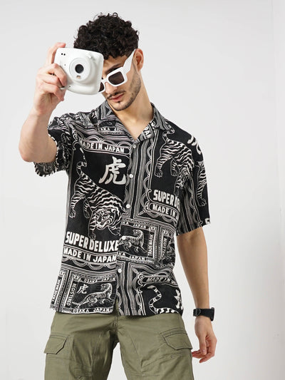 Celio* Printed Boxy Fit Viscose Black Shirt