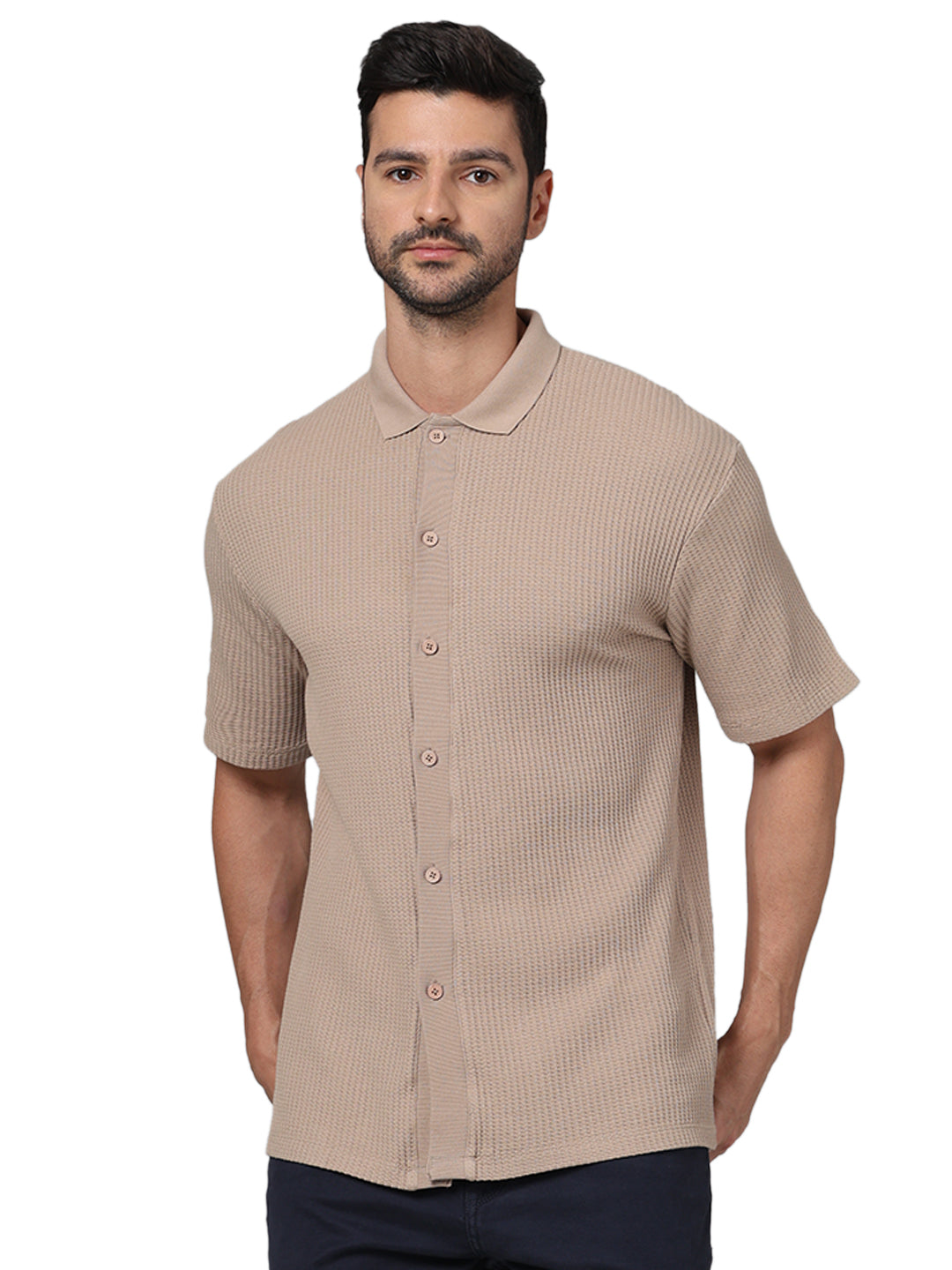 Beige Solid Cotton Shirt