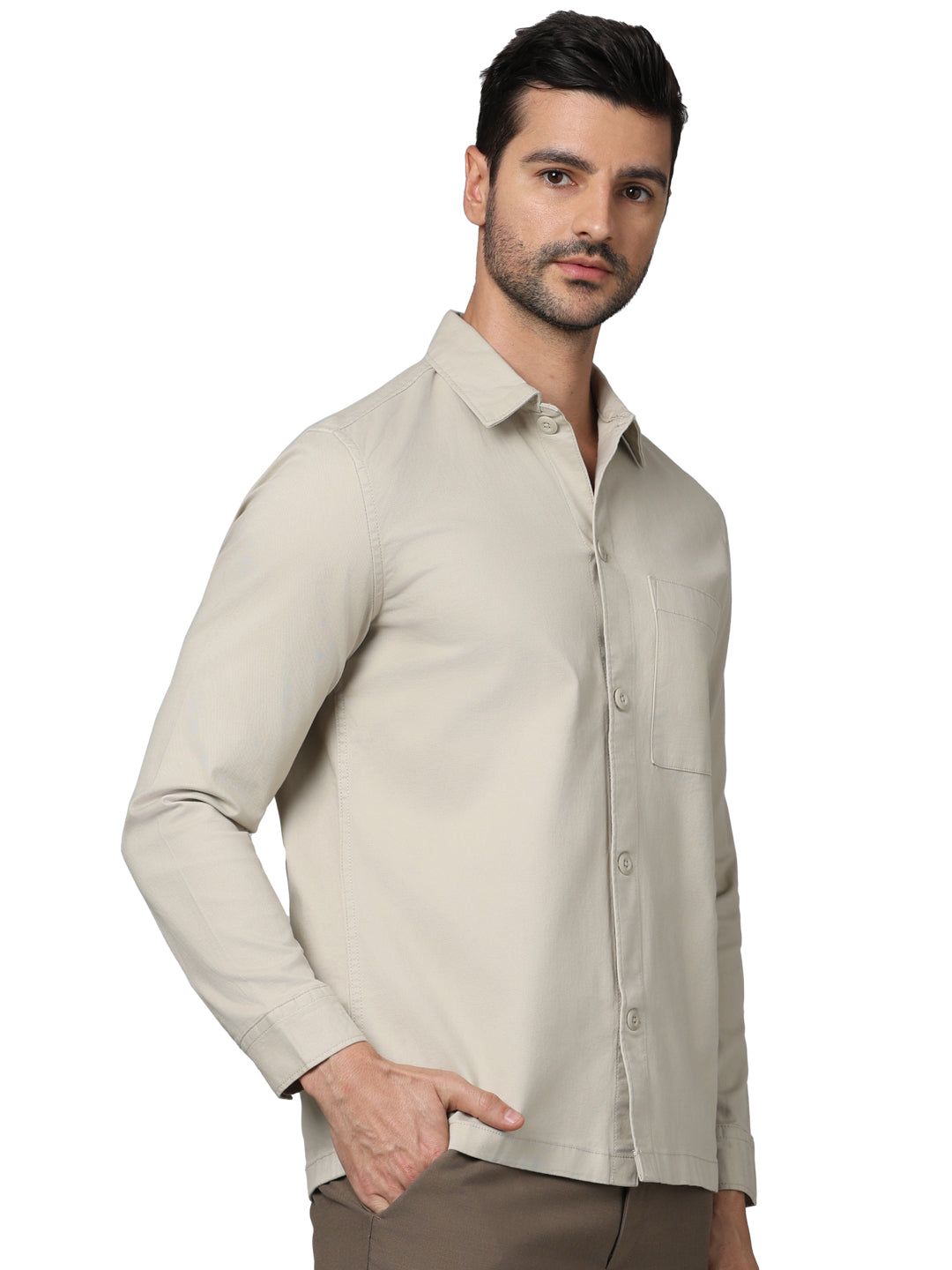 Beige Solid Cotton Shirt