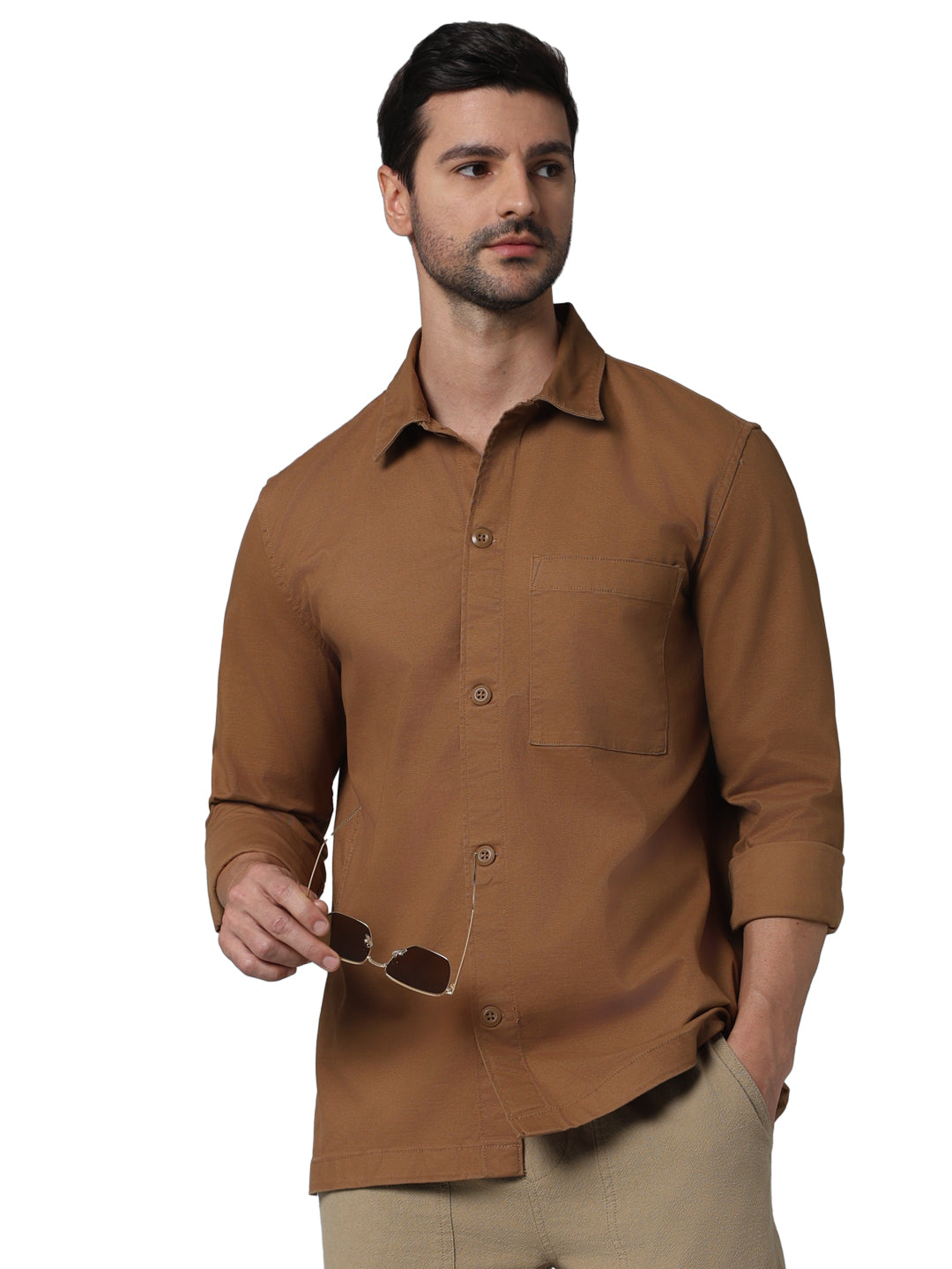 Brown Solid Cotton Shirt