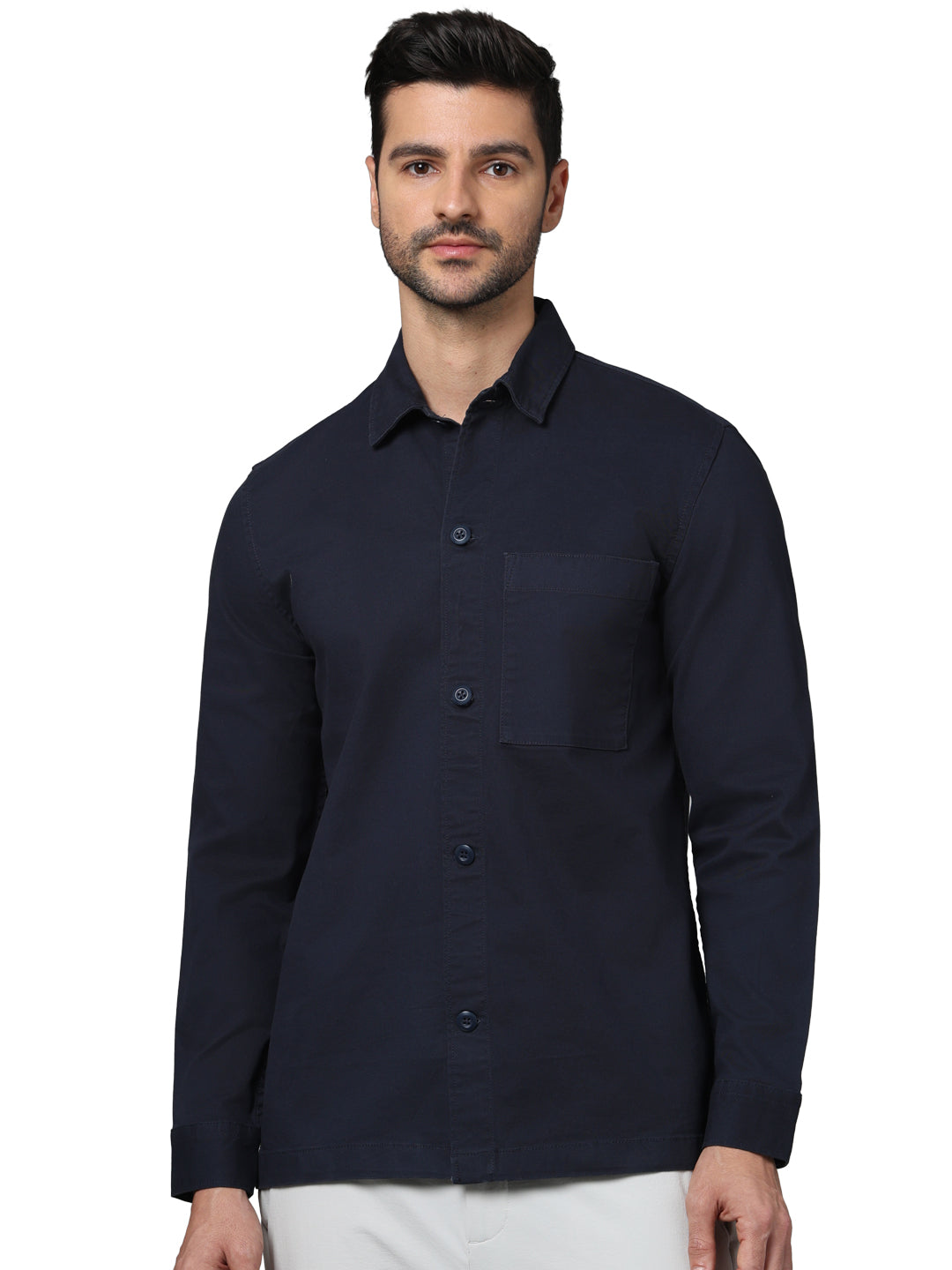 Navy Blue Solid Cotton Shirt