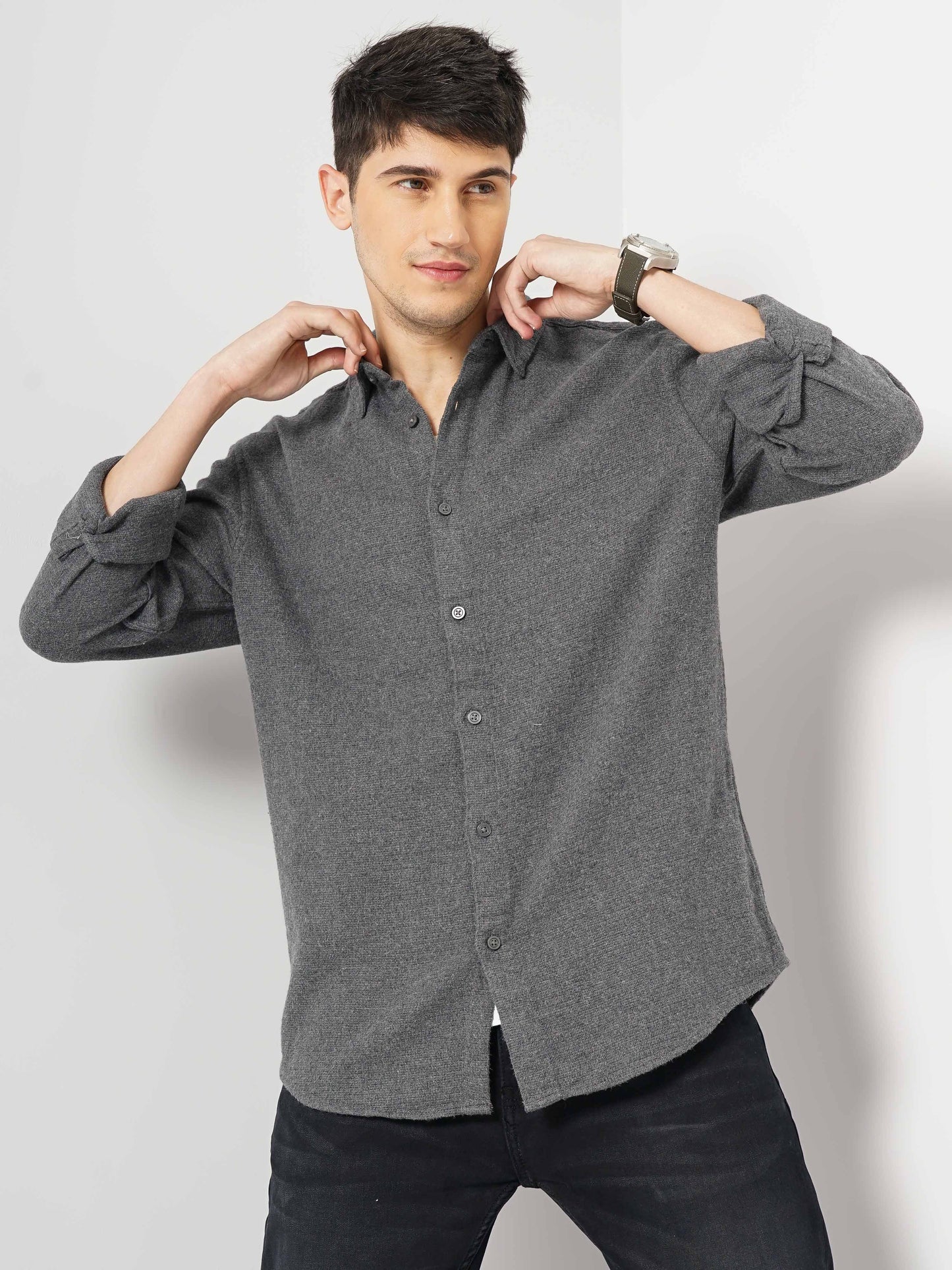 Grey Solid Cotton Shirt