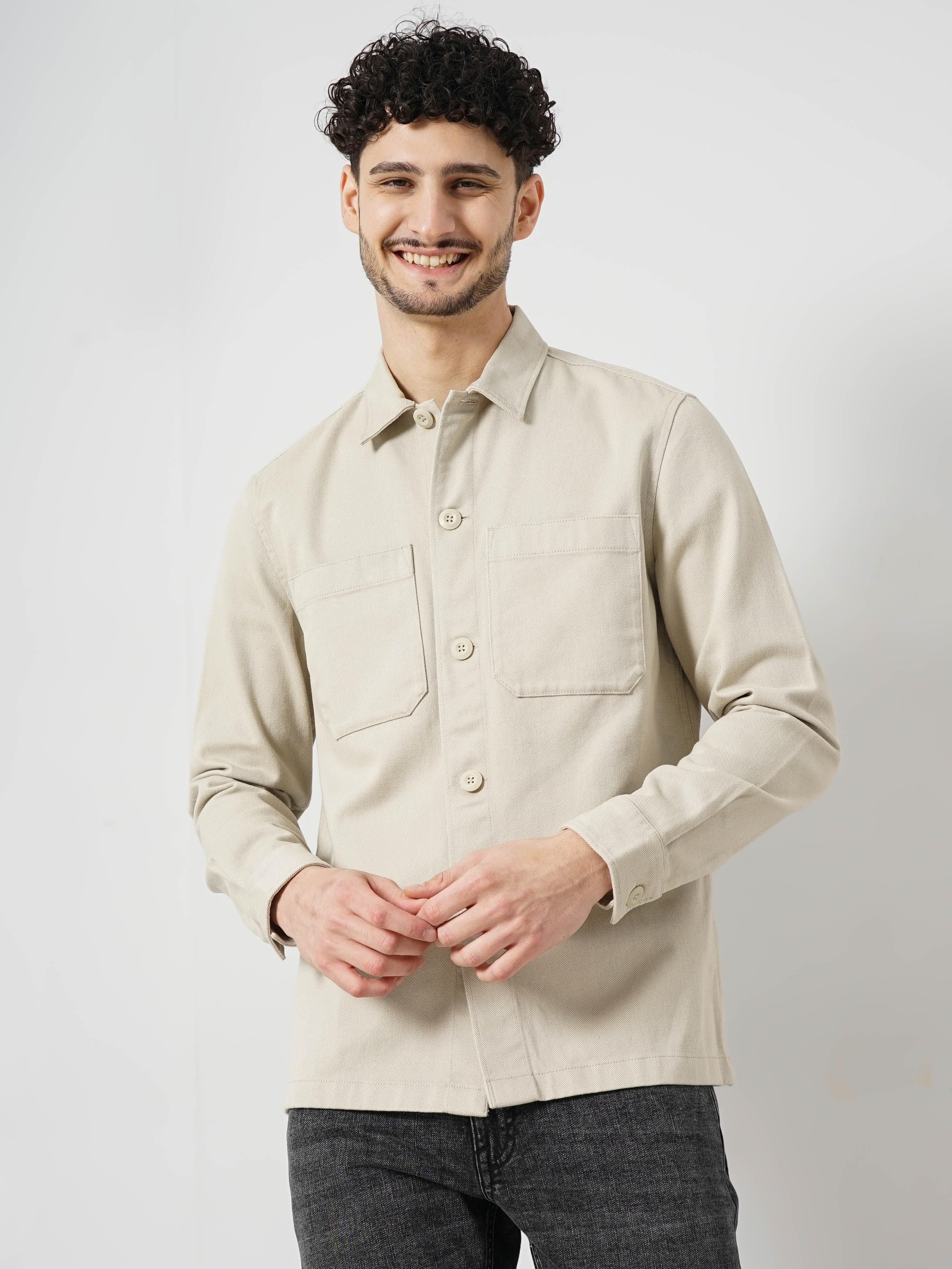 Beige Solid Cotton Shirt