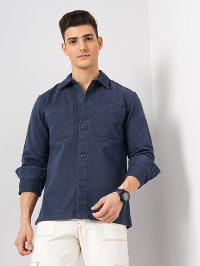 Celio* Solid Oversized Cotton Navy Blue Shirt