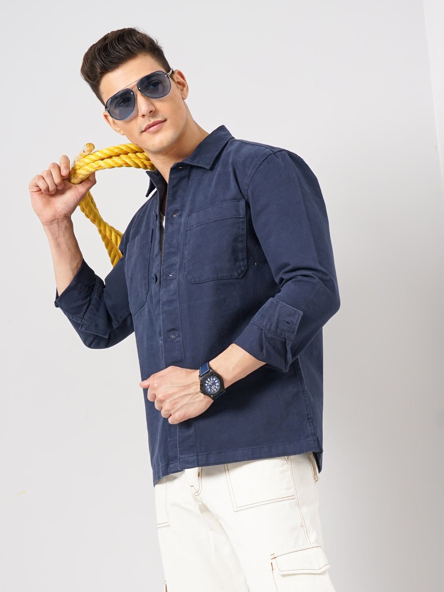 Navy Blue Solid Cotton Shirt