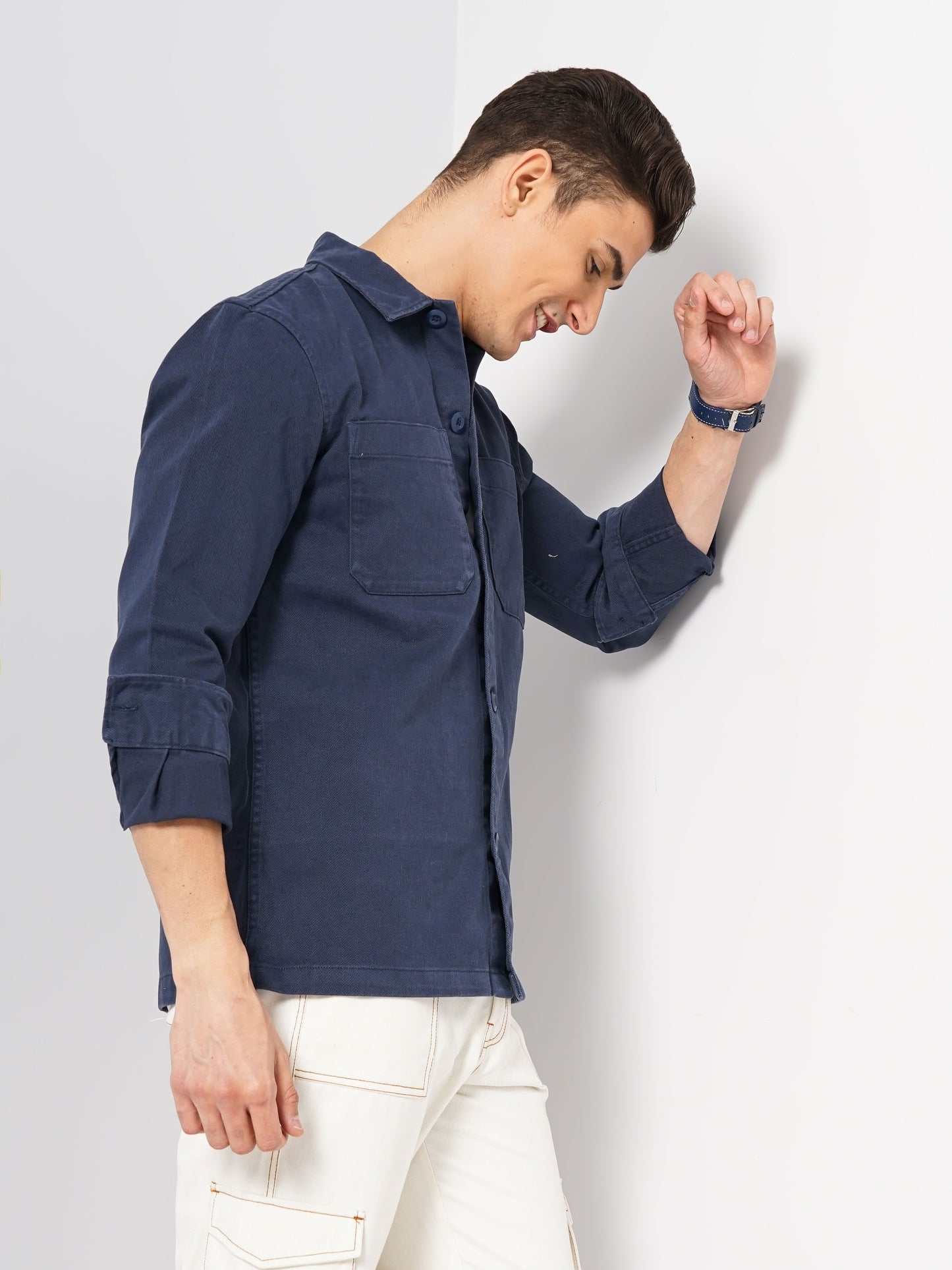 Navy Blue Solid Cotton Shirt