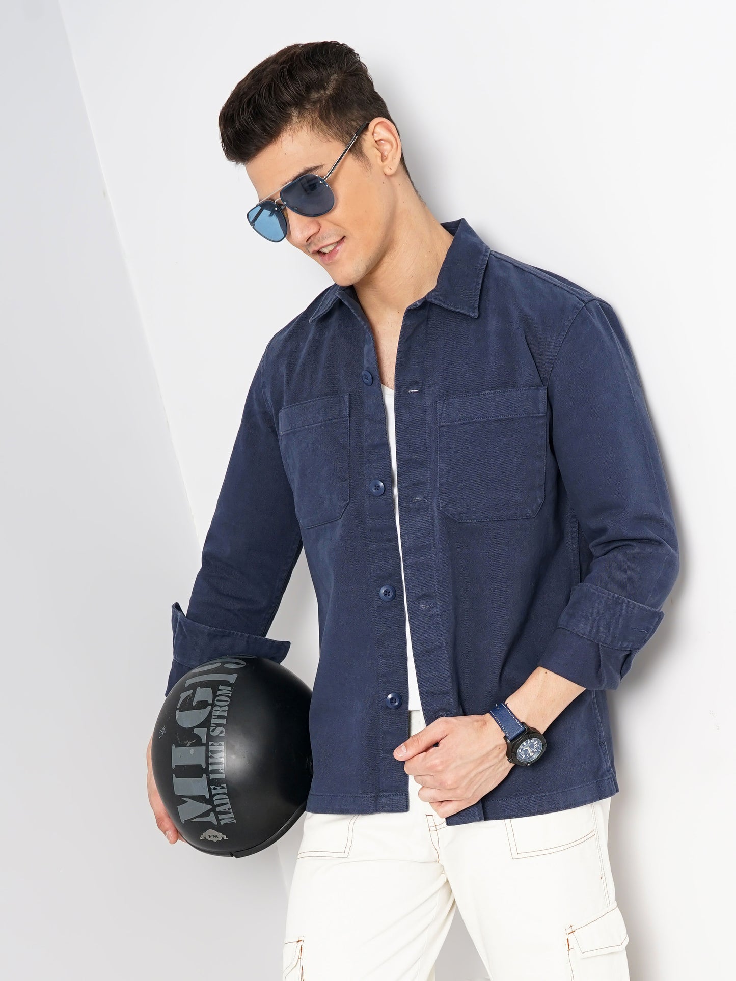 Navy Blue Solid Cotton Shirt