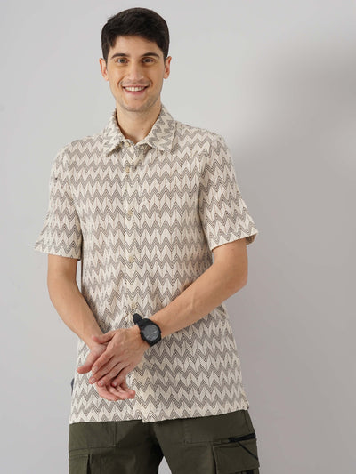Celio* Printed Regular Fit Cotton Beige Shirt