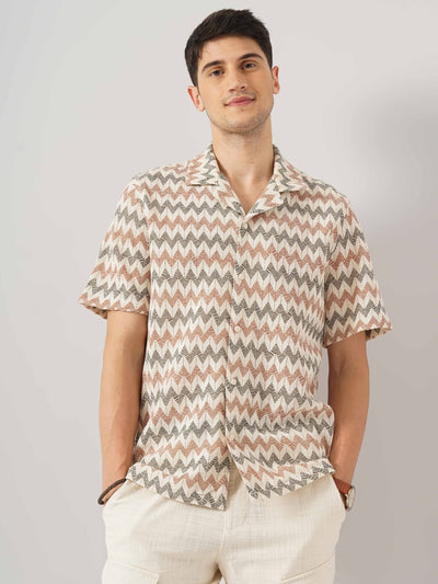 Celio* Printed Regular Fit Cotton Beige Shirt