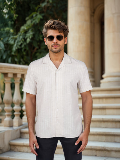 Celio* Striped Regular Fit Cotton-Blend Beige Shirt