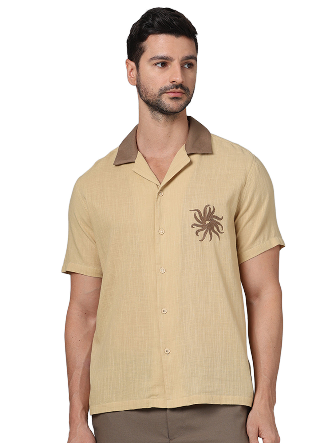 Brown Embroidered Cotton Shirt