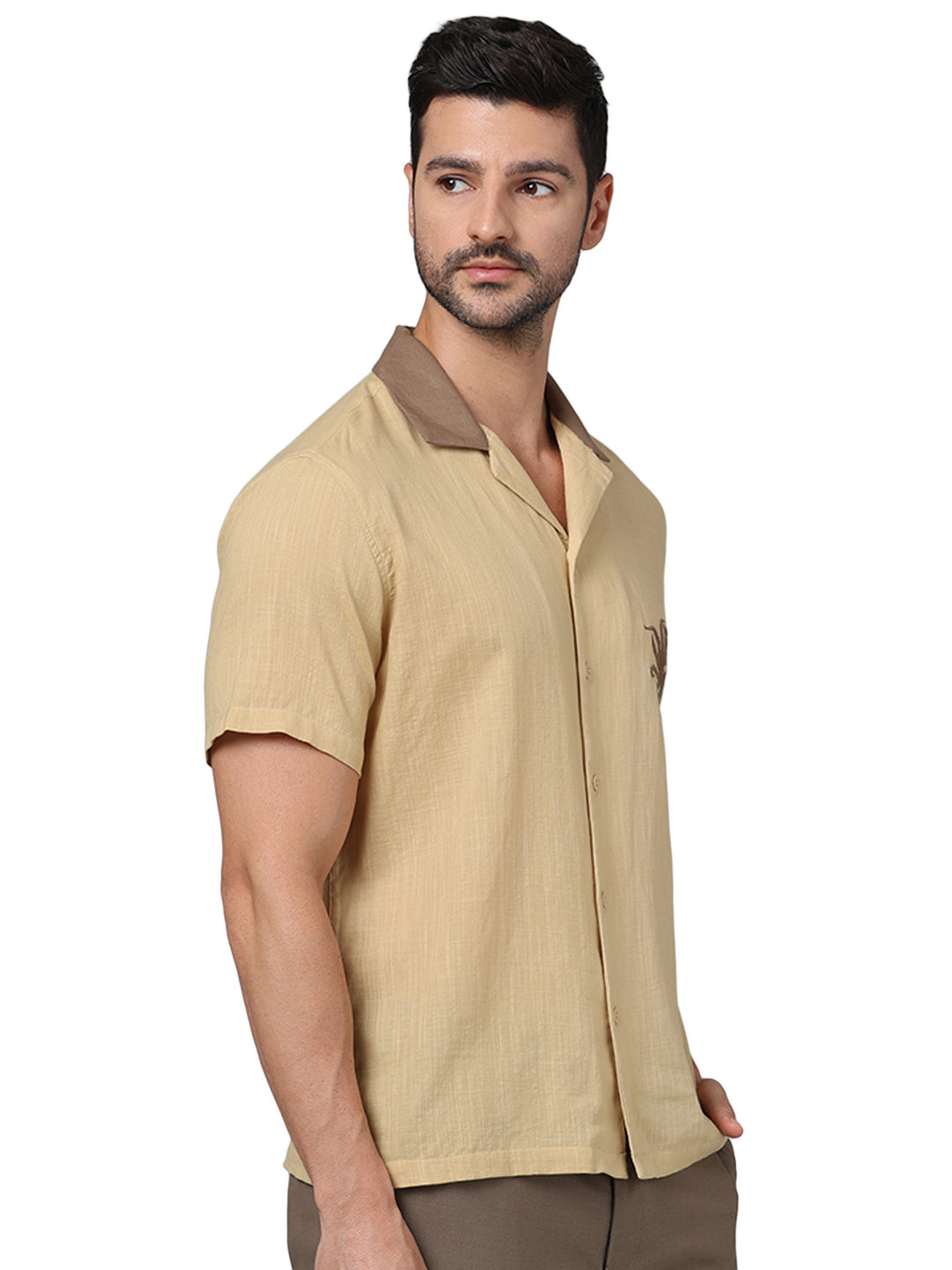 Brown Embroidered Cotton Shirt