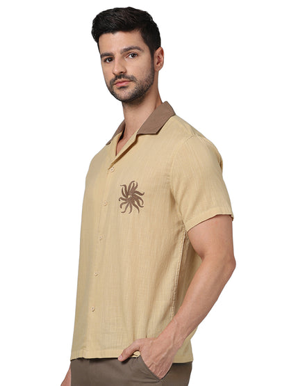 Brown Embroidered Cotton Shirt