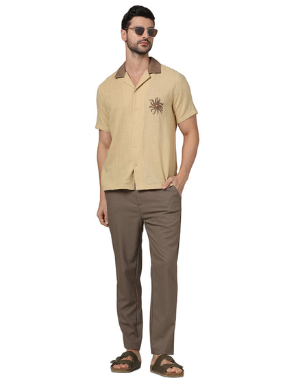 Brown Embroidered Cotton Shirt