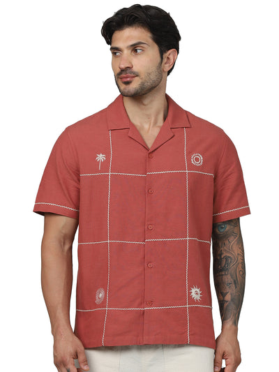 Celio* Embroidered Regular Fit Viscose Red Shirt