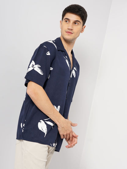 Navy Blue Printed Viscose Shirt