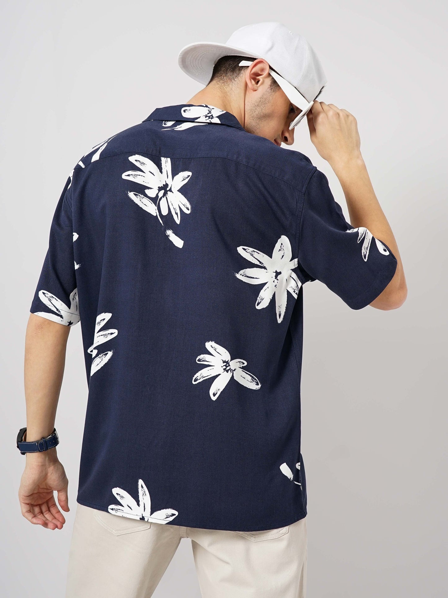 Navy Blue Printed Viscose Shirt