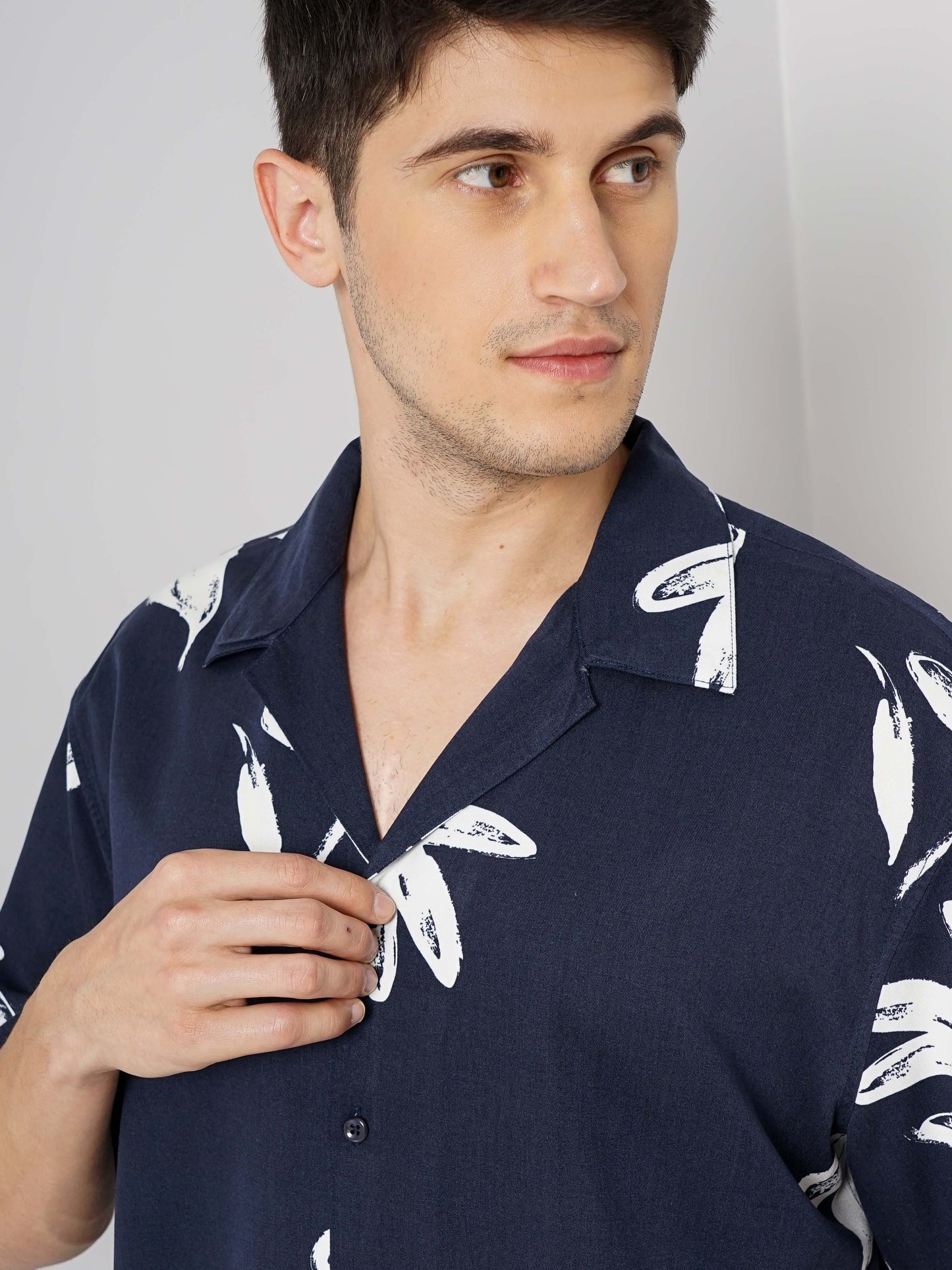 Navy Blue Printed Viscose Shirt