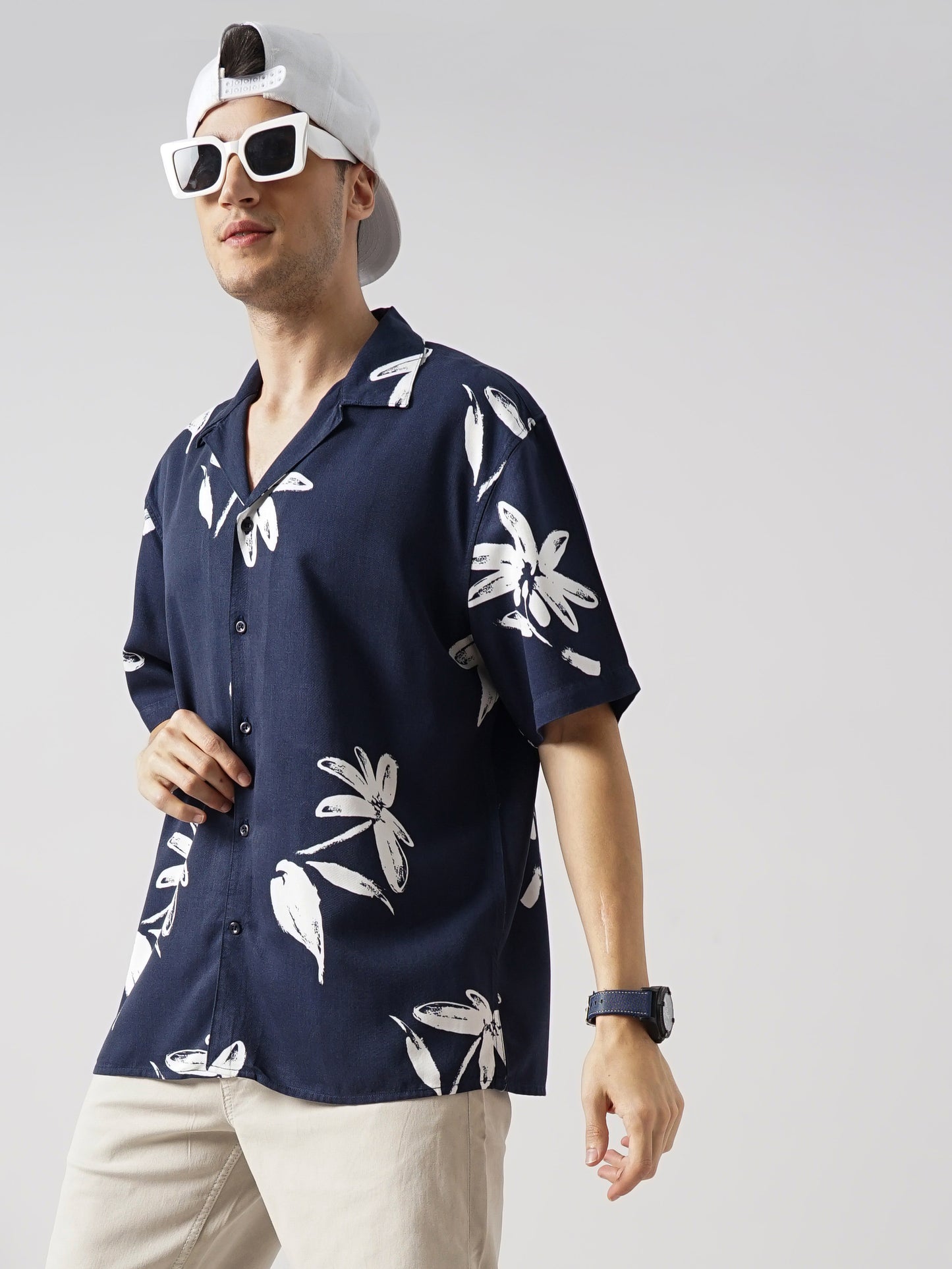 Navy Blue Printed Viscose Shirt