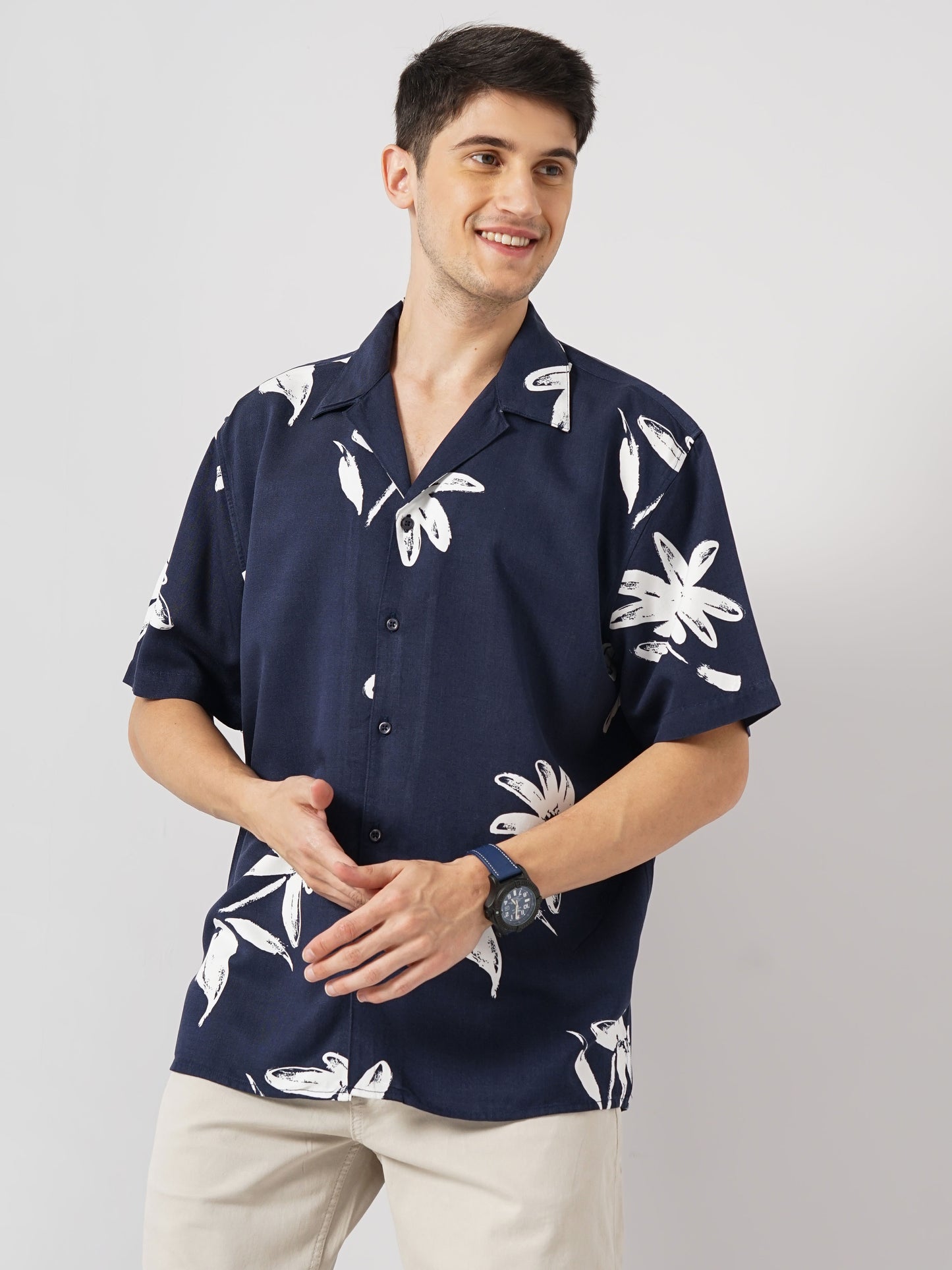 Navy Blue Printed Viscose Shirt