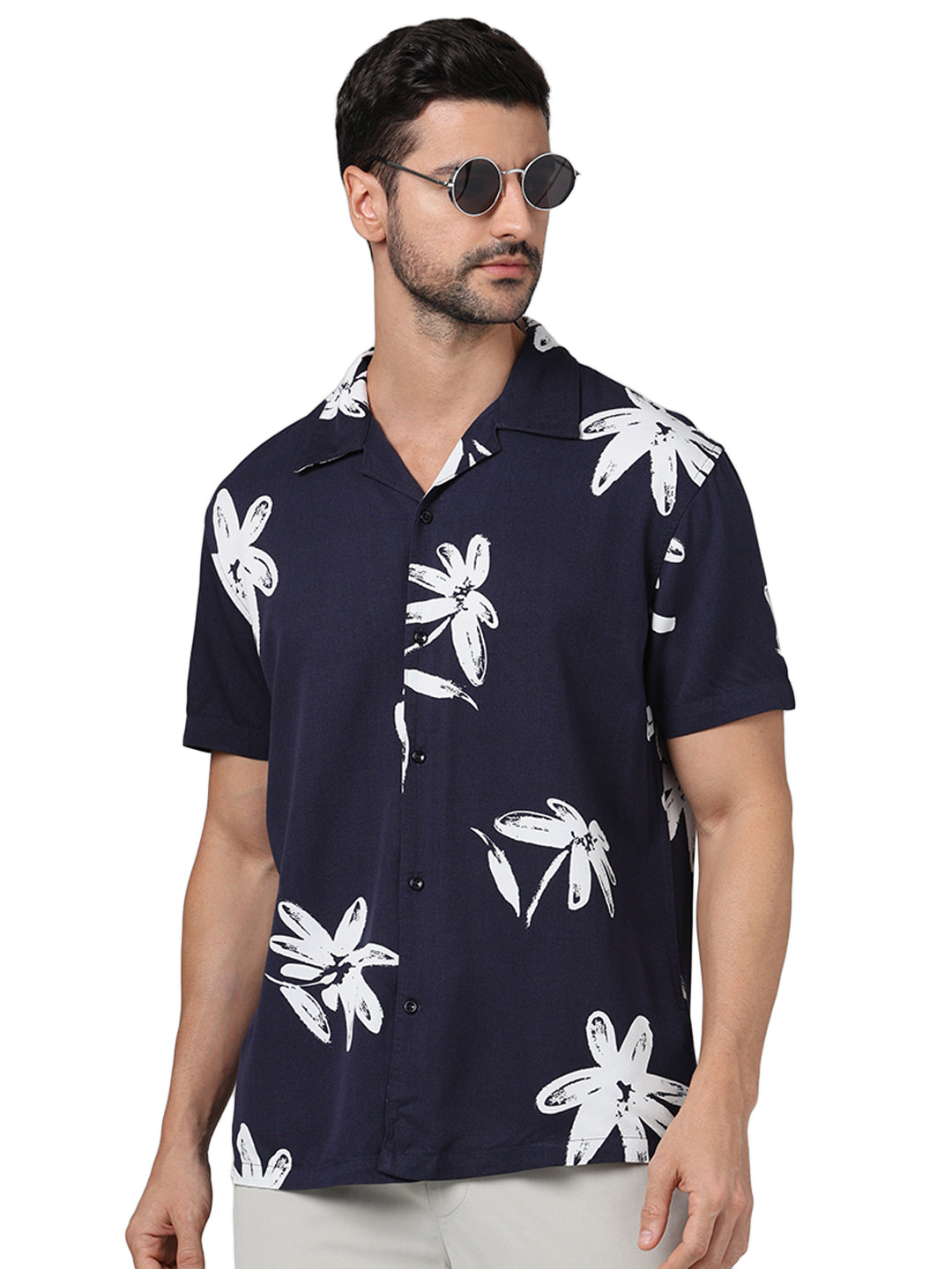 Navy Blue Floral Viscose Shirt