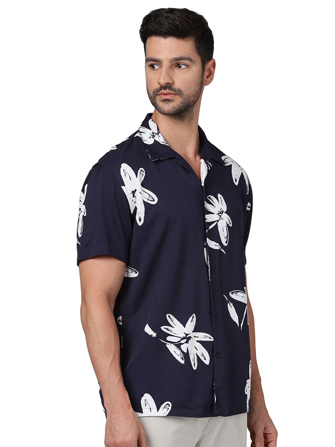 Navy Blue Floral Viscose Shirt