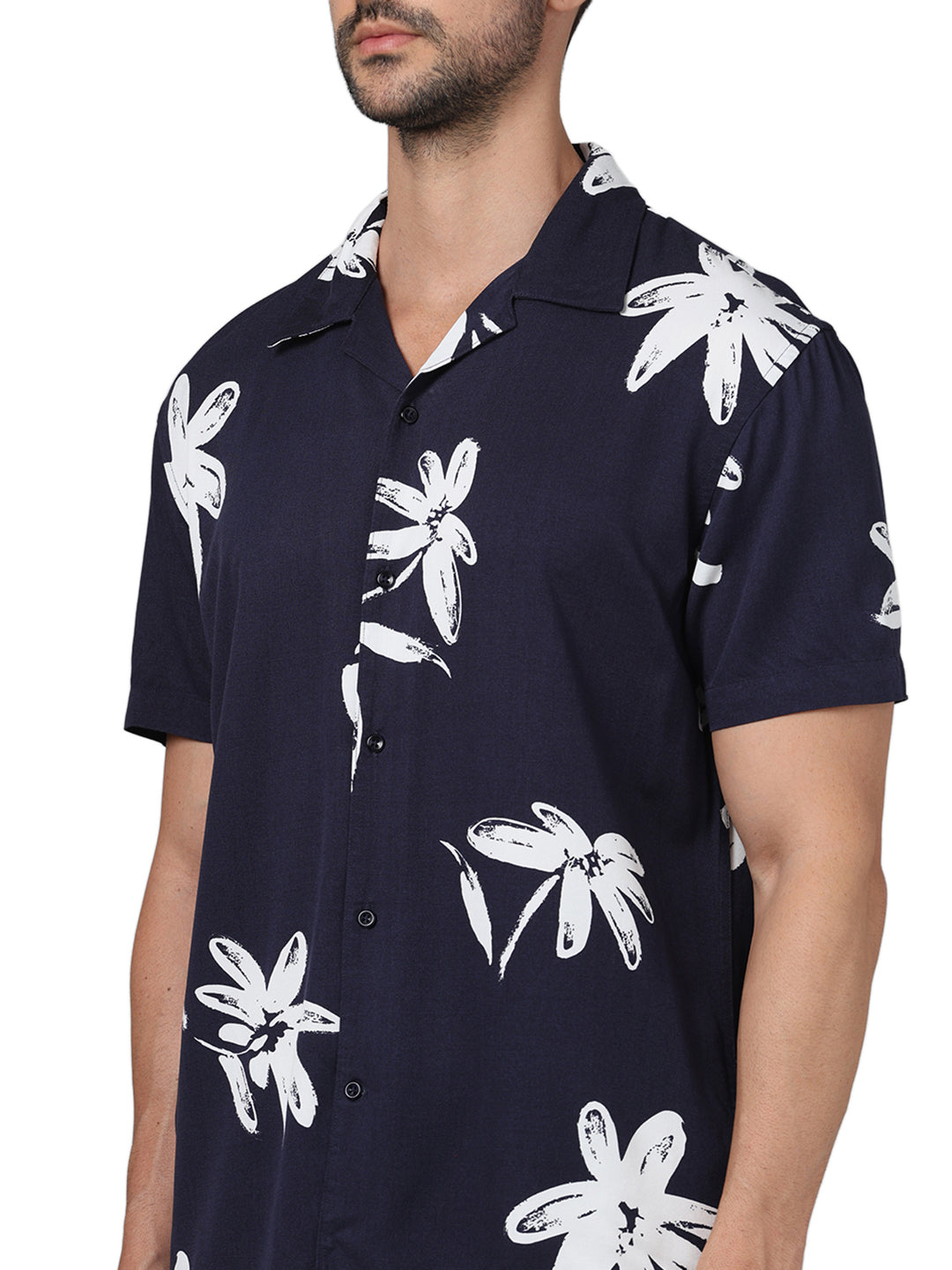 Navy Blue Floral Viscose Shirt